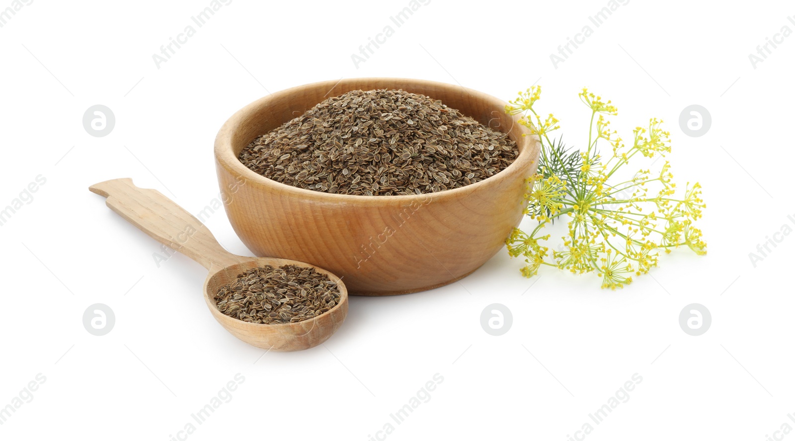 Photo of Bowl of dry seeds, spoon and fresh dill isolated on white