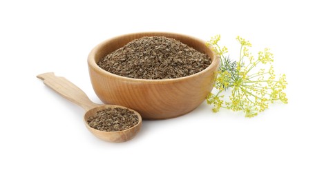 Bowl of dry seeds, spoon and fresh dill isolated on white