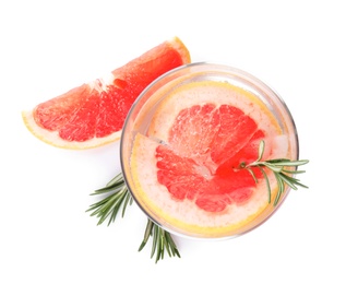 Glass of infused water and grapefruit isolated on white, top view