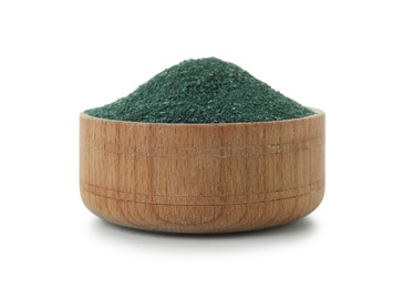 Photo of Bowl with spirulina algae powder on white background