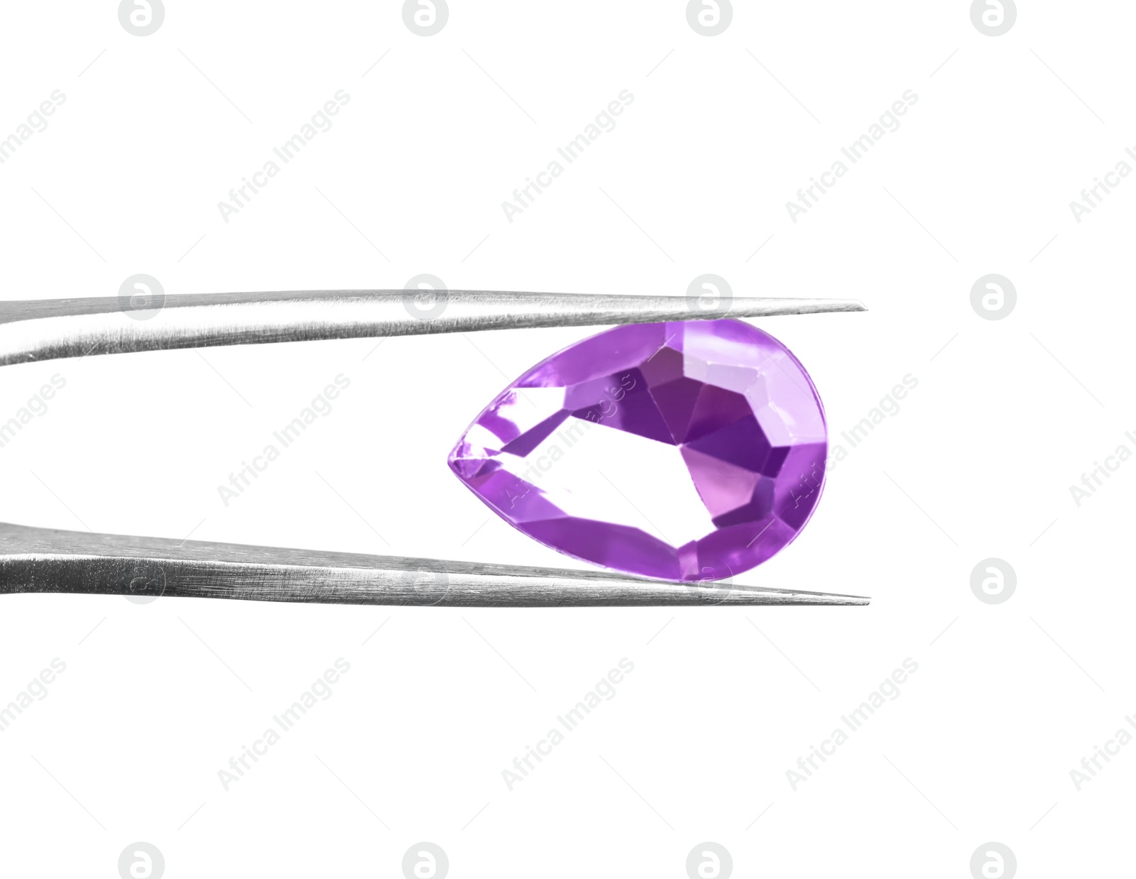 Photo of Tweezers with beautiful gemstone on white background