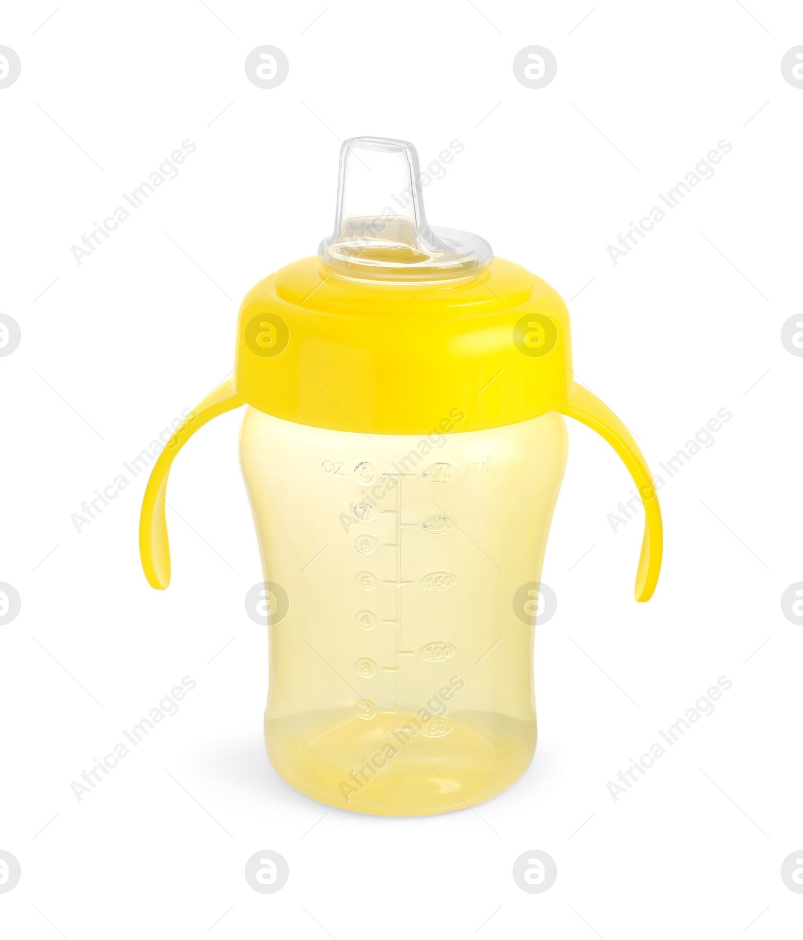 Photo of Empty yellow feeding bottle for baby milk isolated on white