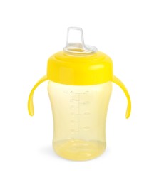 Photo of Empty yellow feeding bottle for baby milk isolated on white