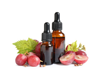 Organic red grapes, seeds and bottles of natural essential oil on white background