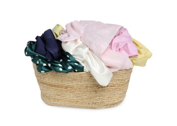 Photo of Wicker laundry basket with clean colorful clothes isolated on white