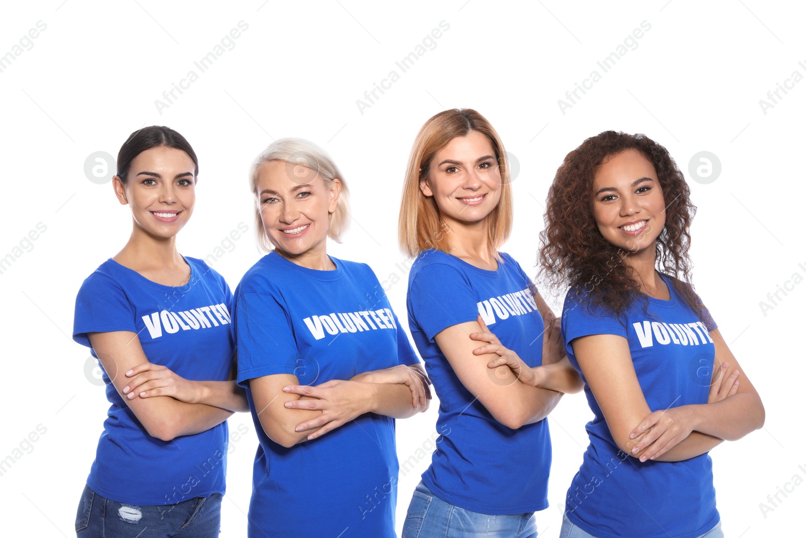 Photo of Team of female volunteers in uniform on white background