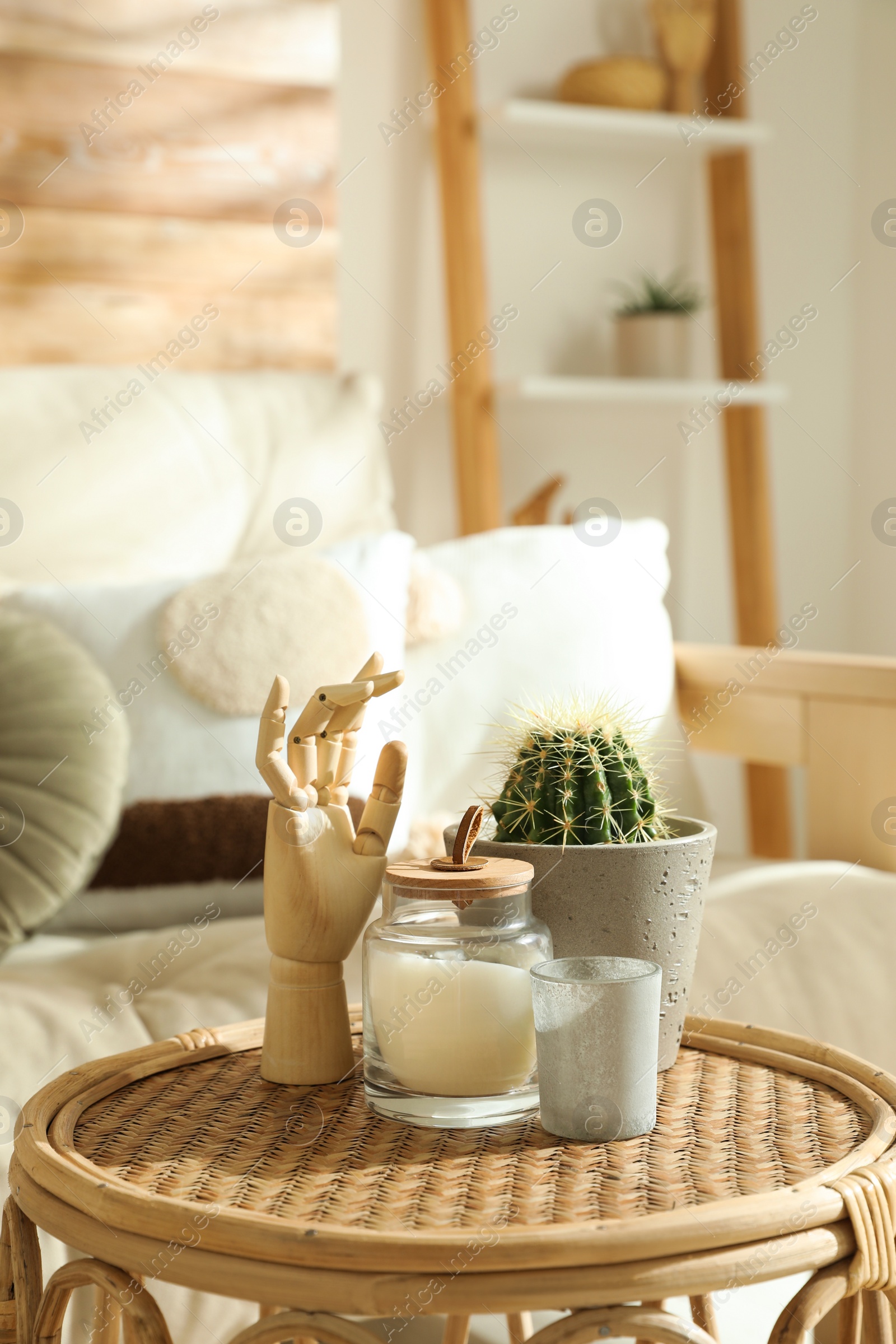 Photo of Stylish decor on table in living room. Interior design