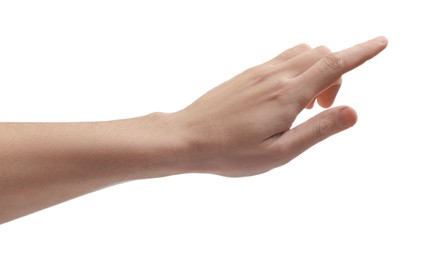 Man pointing at something on white background, closeup