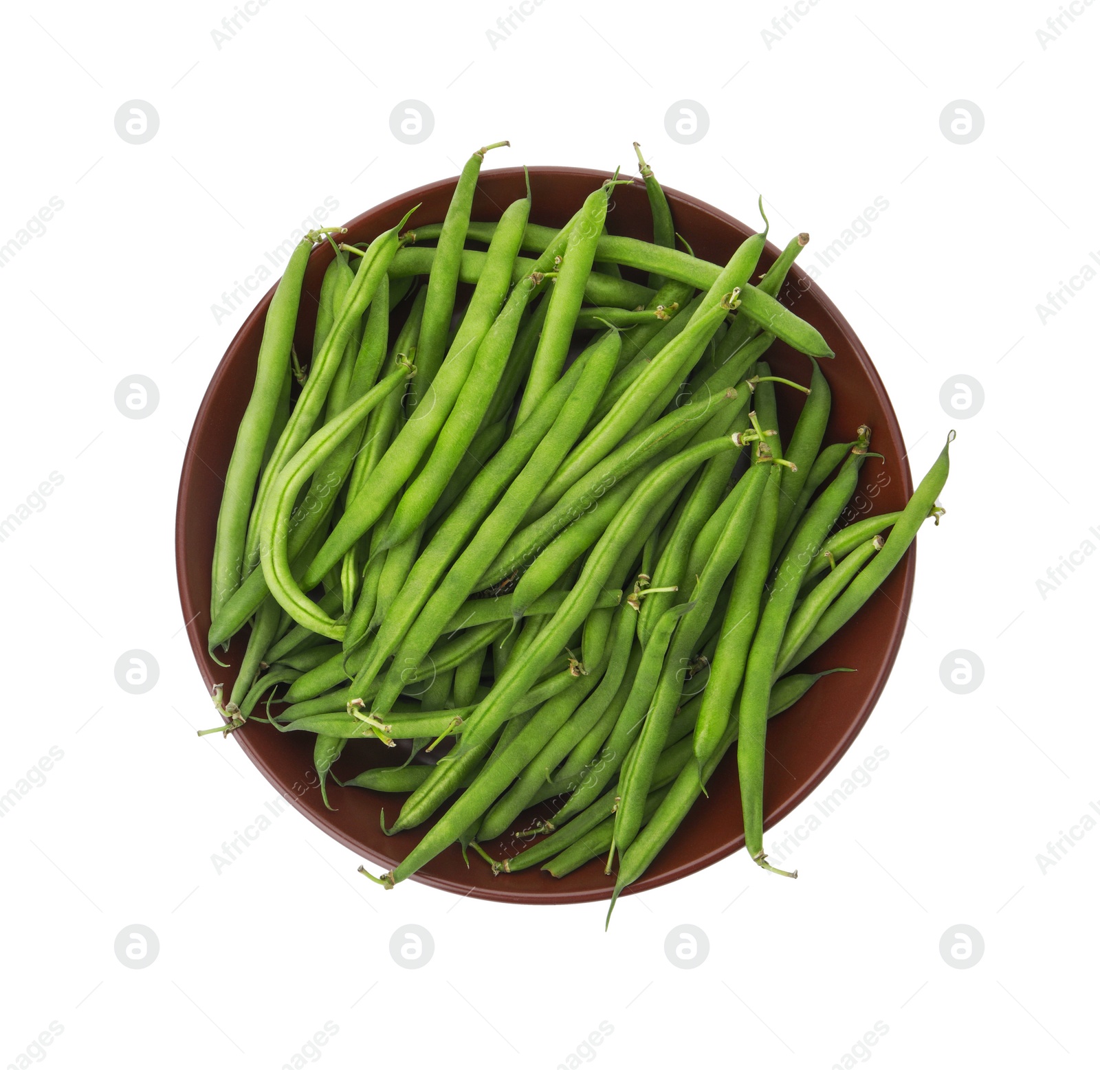 Photo of Fresh green beans in bowl isolated on white, top view