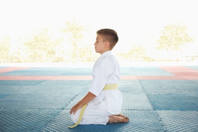 Photo of Boy in kimono sitting on tatami outdoors. Karate practice