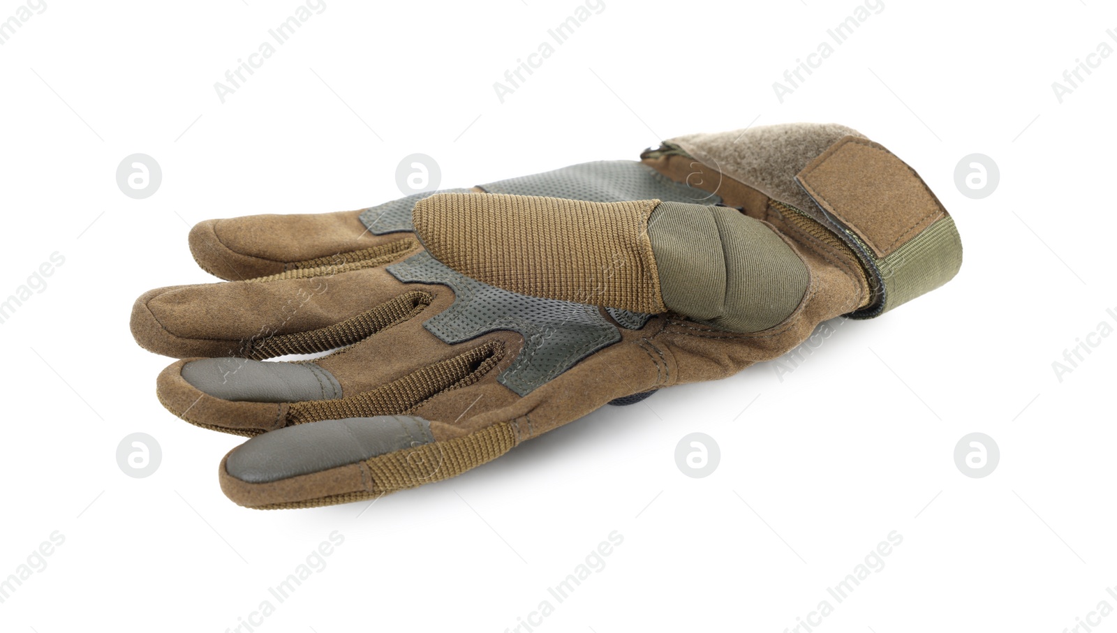 Photo of Tactical glove isolated on white. Military training equipment