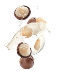 Image of Delicious macadamia milk and nuts on white background