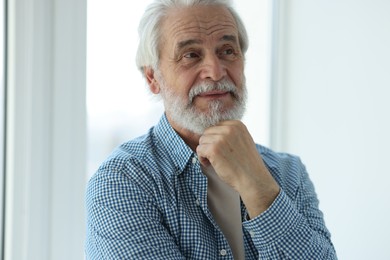 Portrait of happy grandpa with grey hair near window indoors