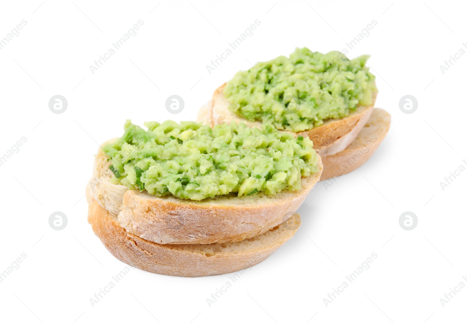 Photo of Delicious sandwiches with guacamole on white background