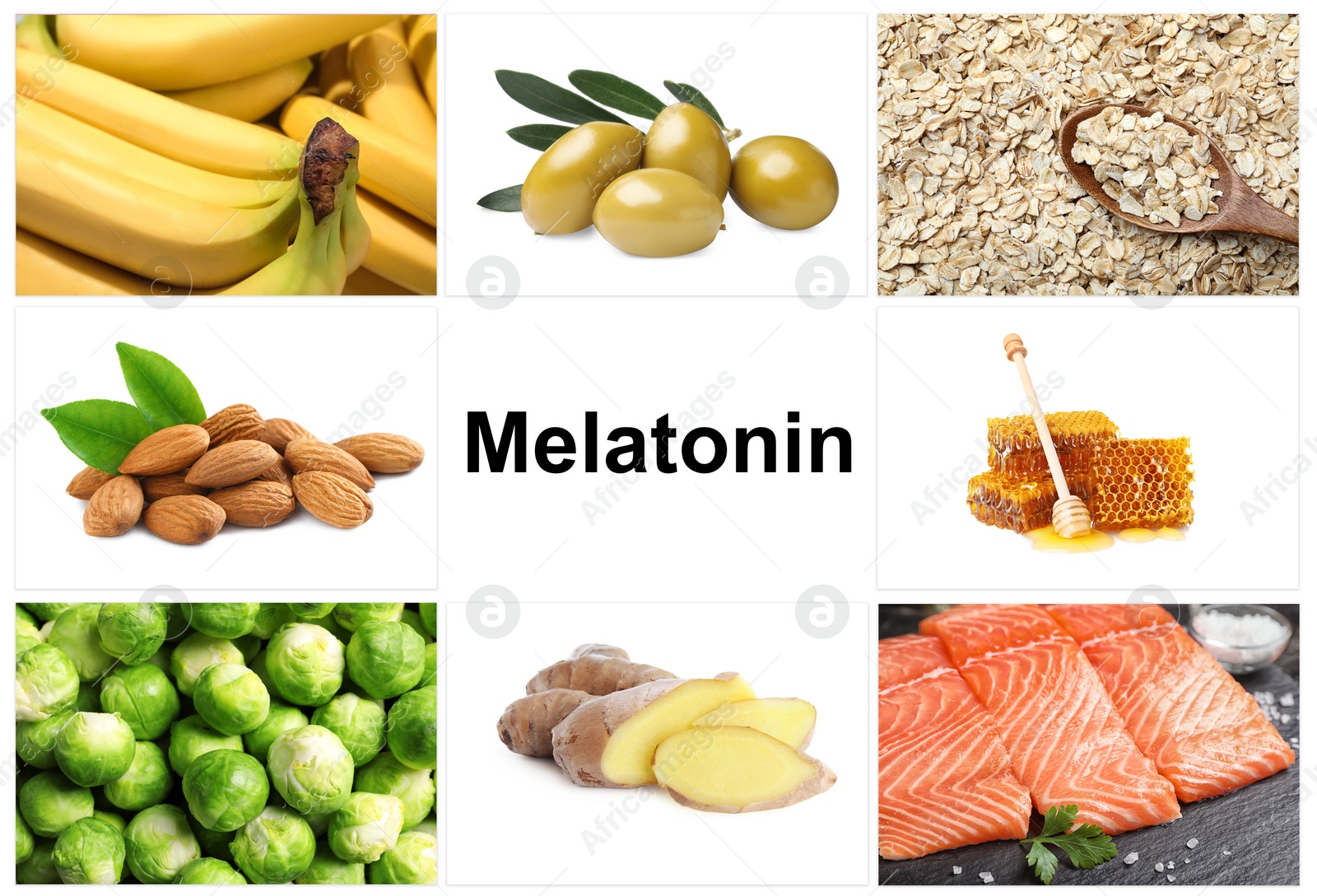 Image of Different foods rich in melatonin that can help you sleep. Different tasty products on white background