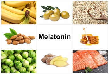 Image of Different foods rich in melatonin that can help you sleep. Different tasty products on white background