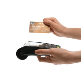 Photo of Woman holding payment terminal and credit card on white background, closeup