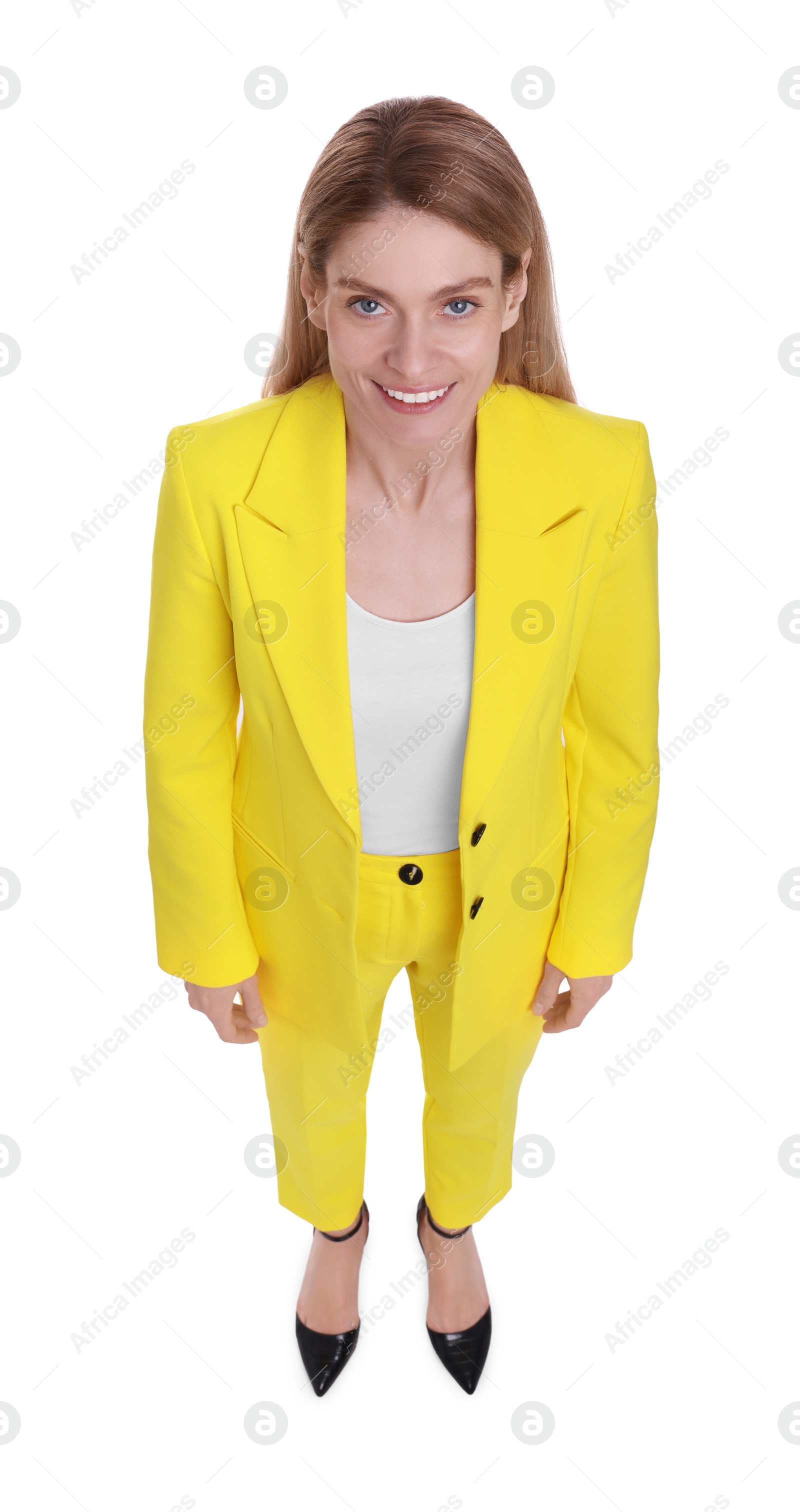 Photo of Beautiful happy businesswoman on white background, above view