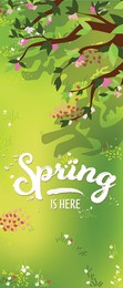 Illustration of Green grass with flowers under blooming tree and text Spring Is Here, above view