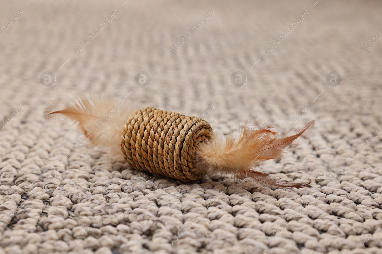 Photo of Straw kitten toy with feathers on carpet