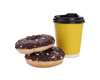 Photo of Two delicious donuts with sprinkles and hot drink isolated on white