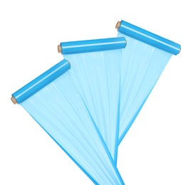 Image of Rolls of turquoise plastic stretch wrap on white background