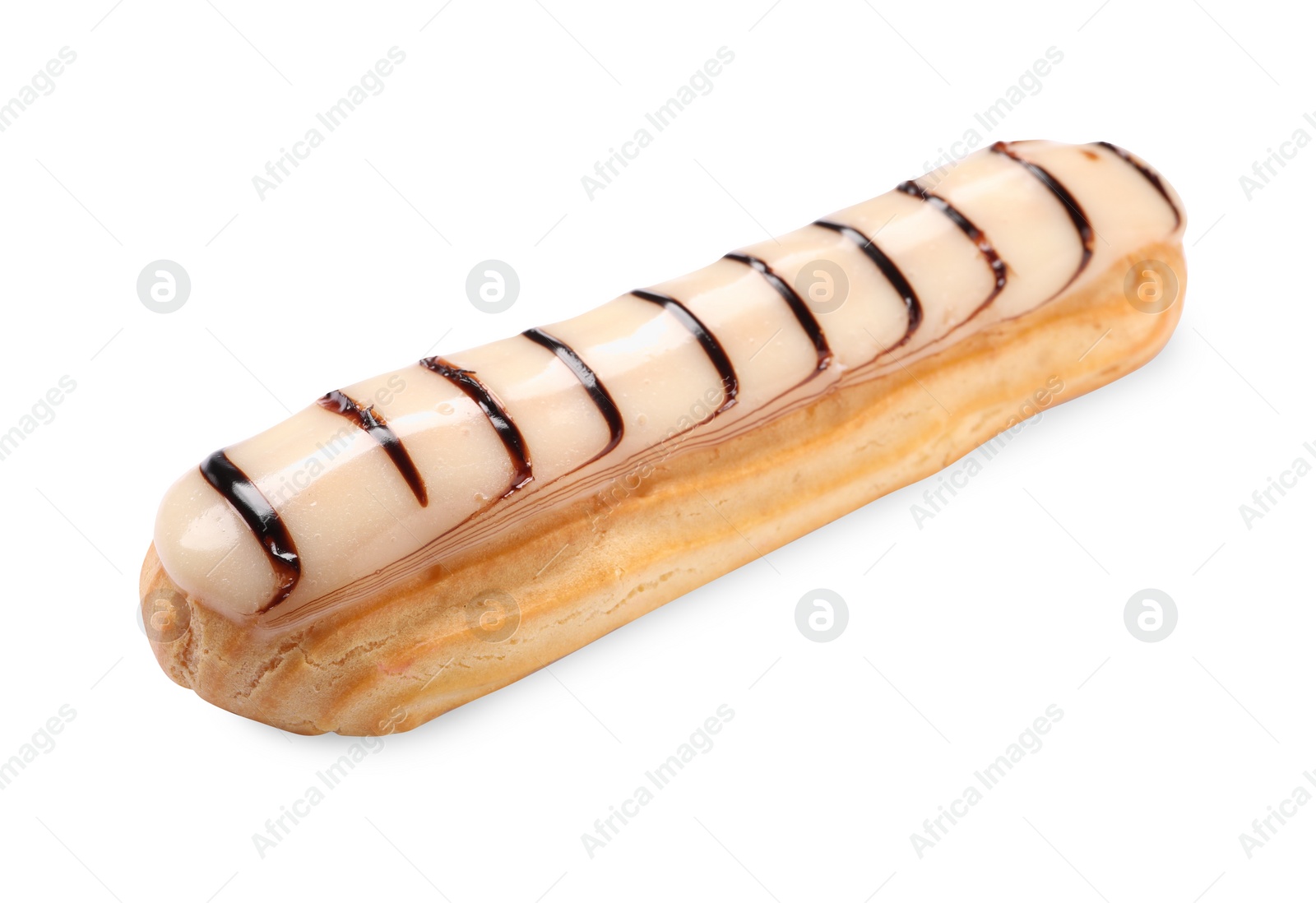 Photo of Delicious eclair covered with glaze isolated on white