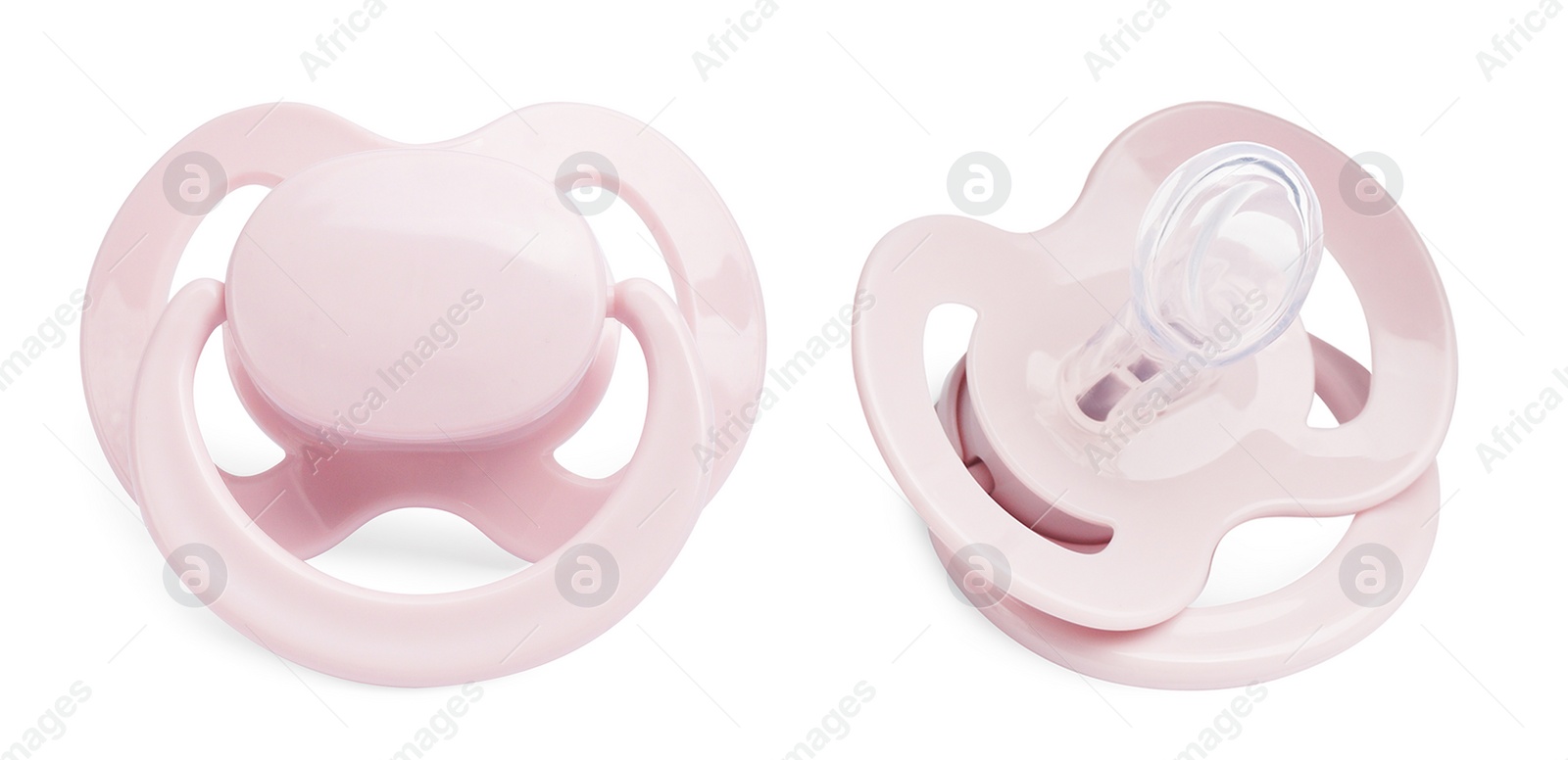 Image of Pale pink baby pacifier on white background, views from different sides