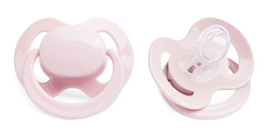 Image of Pale pink baby pacifier on white background, views from different sides