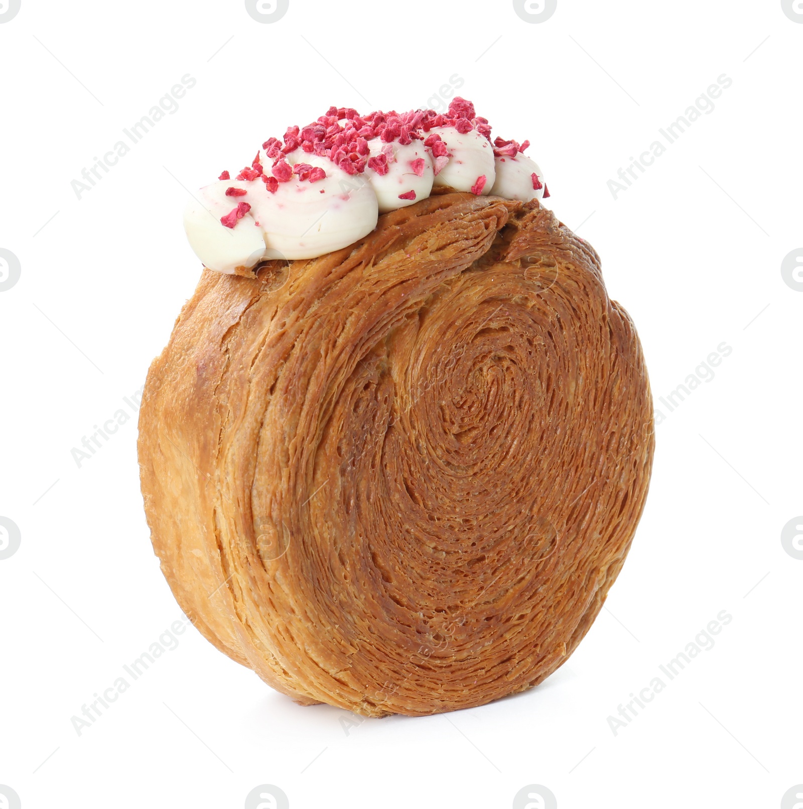 Photo of Round croissant with cream isolated on white. Tasty puff pastry