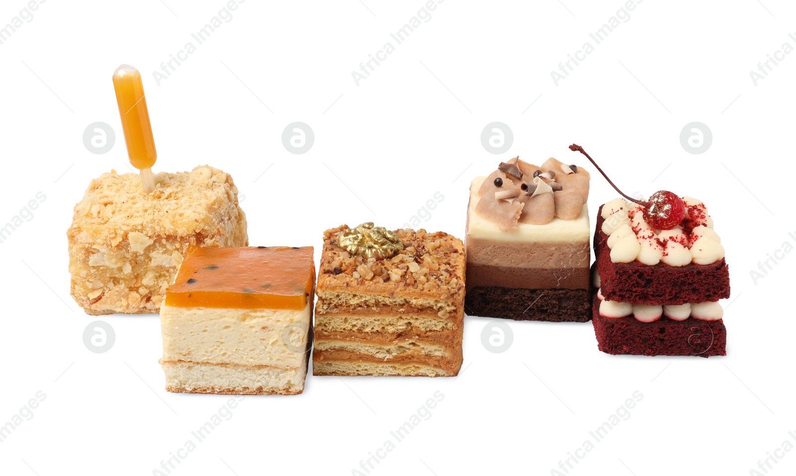 Photo of Pieces of different cakes on white background