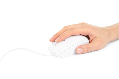 Woman using modern wired optical mouse isolated on white, closeup