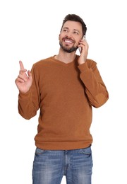 Photo of Man talking on phone against white background