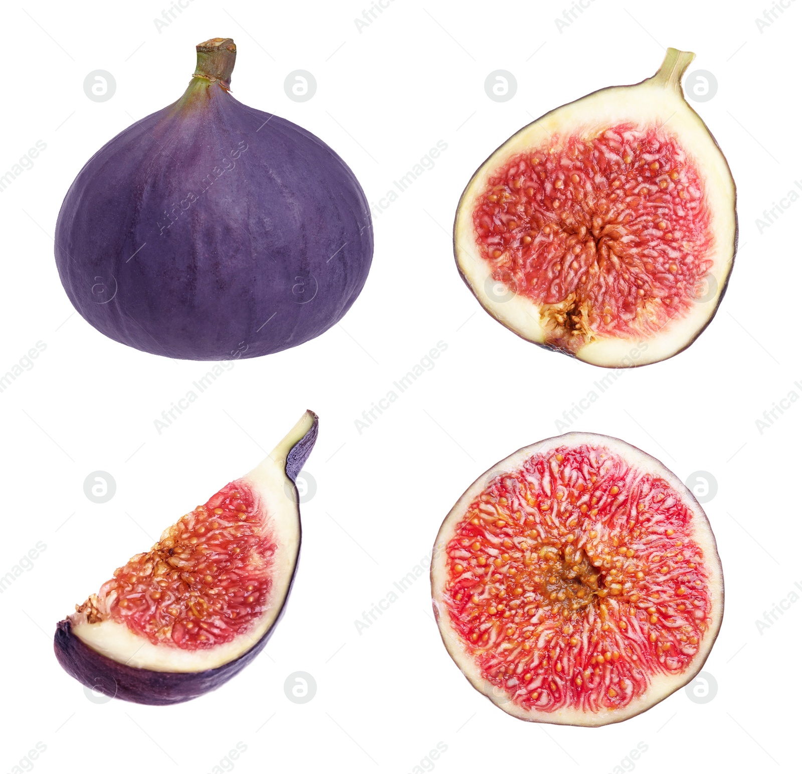 Image of Set with tasty ripe whole and cut figs on white background