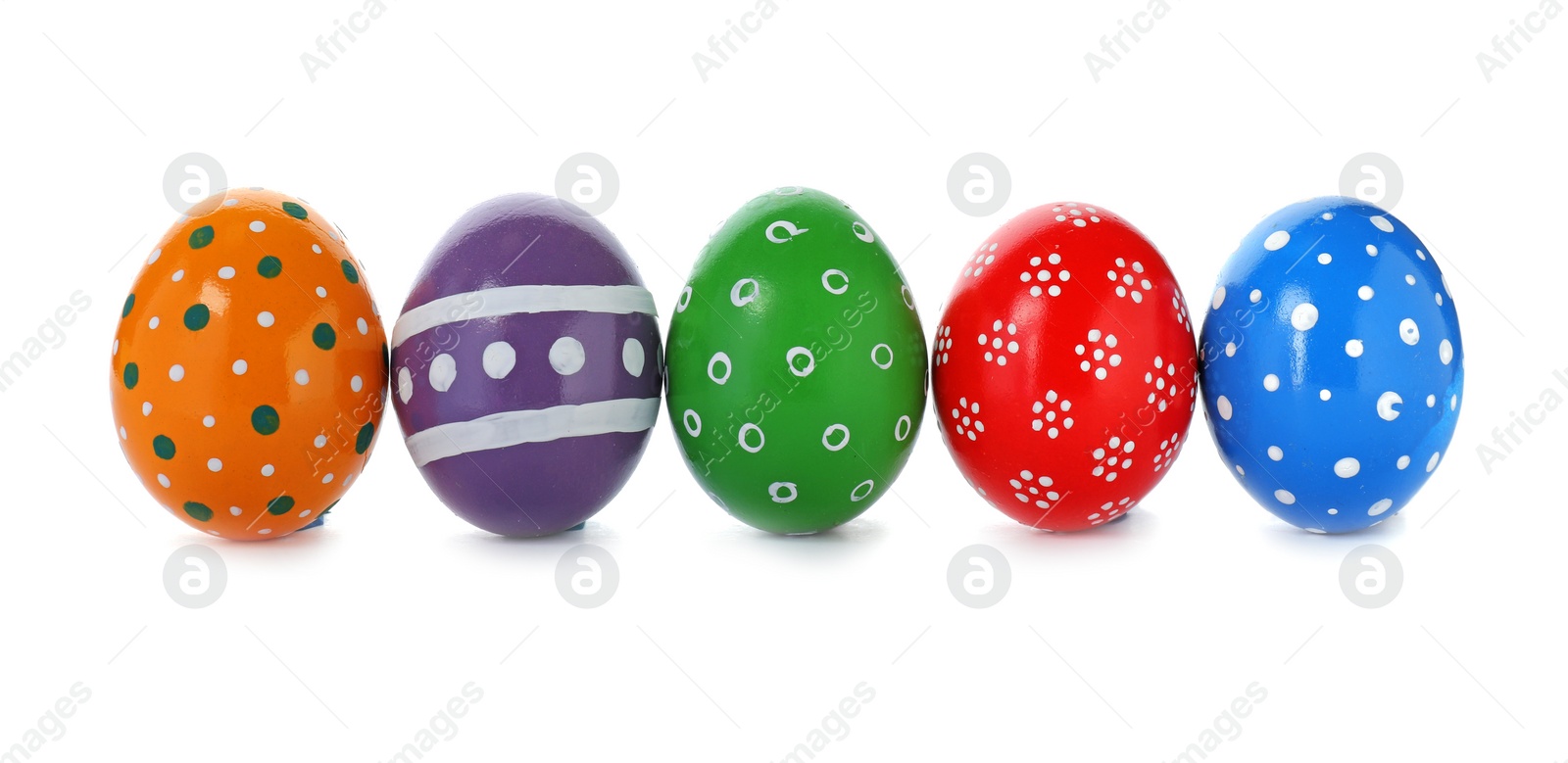 Photo of Decorated Easter eggs on white background. Festive tradition