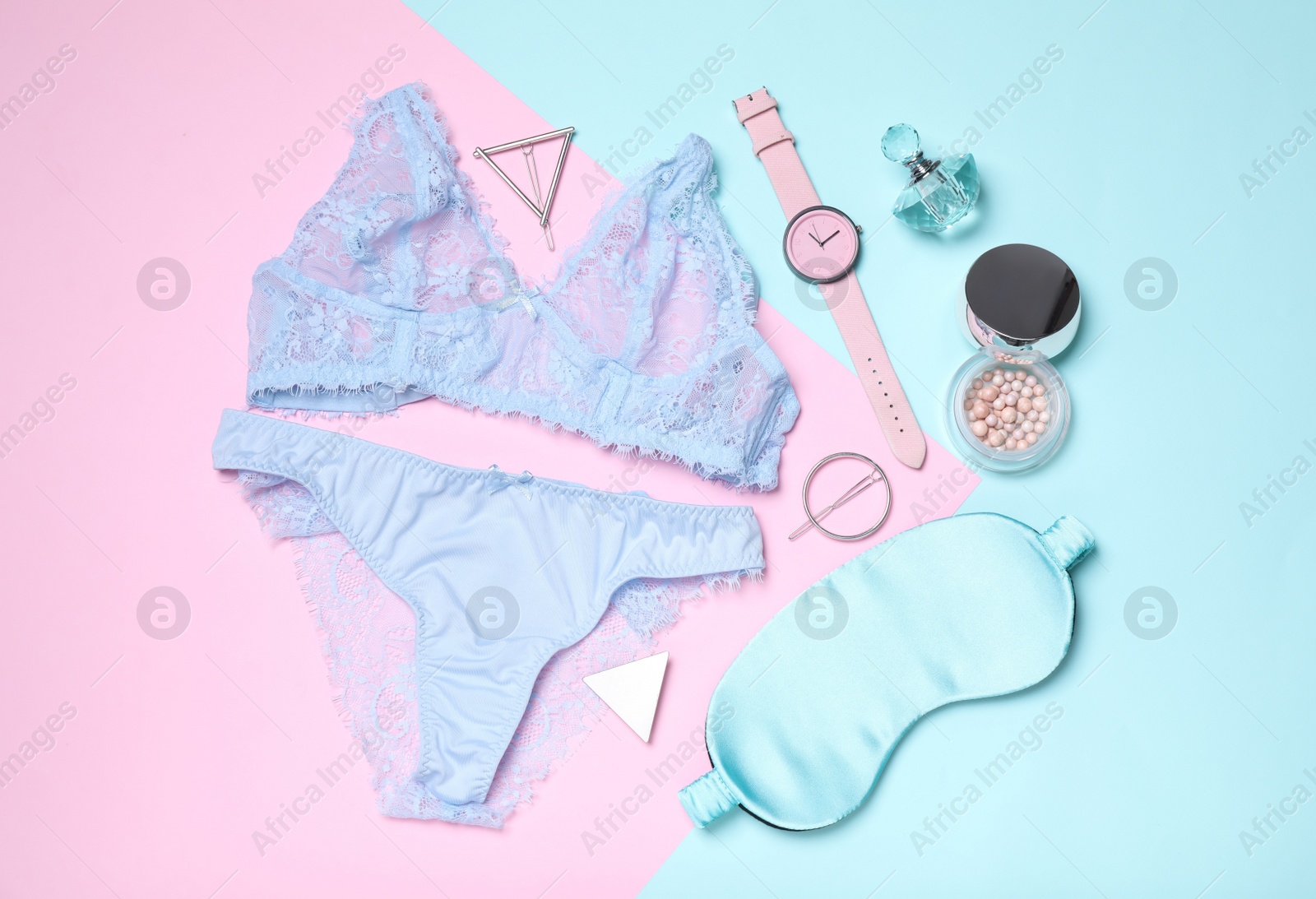 Photo of Flat lay composition with stylish lingerie and accessories on color background