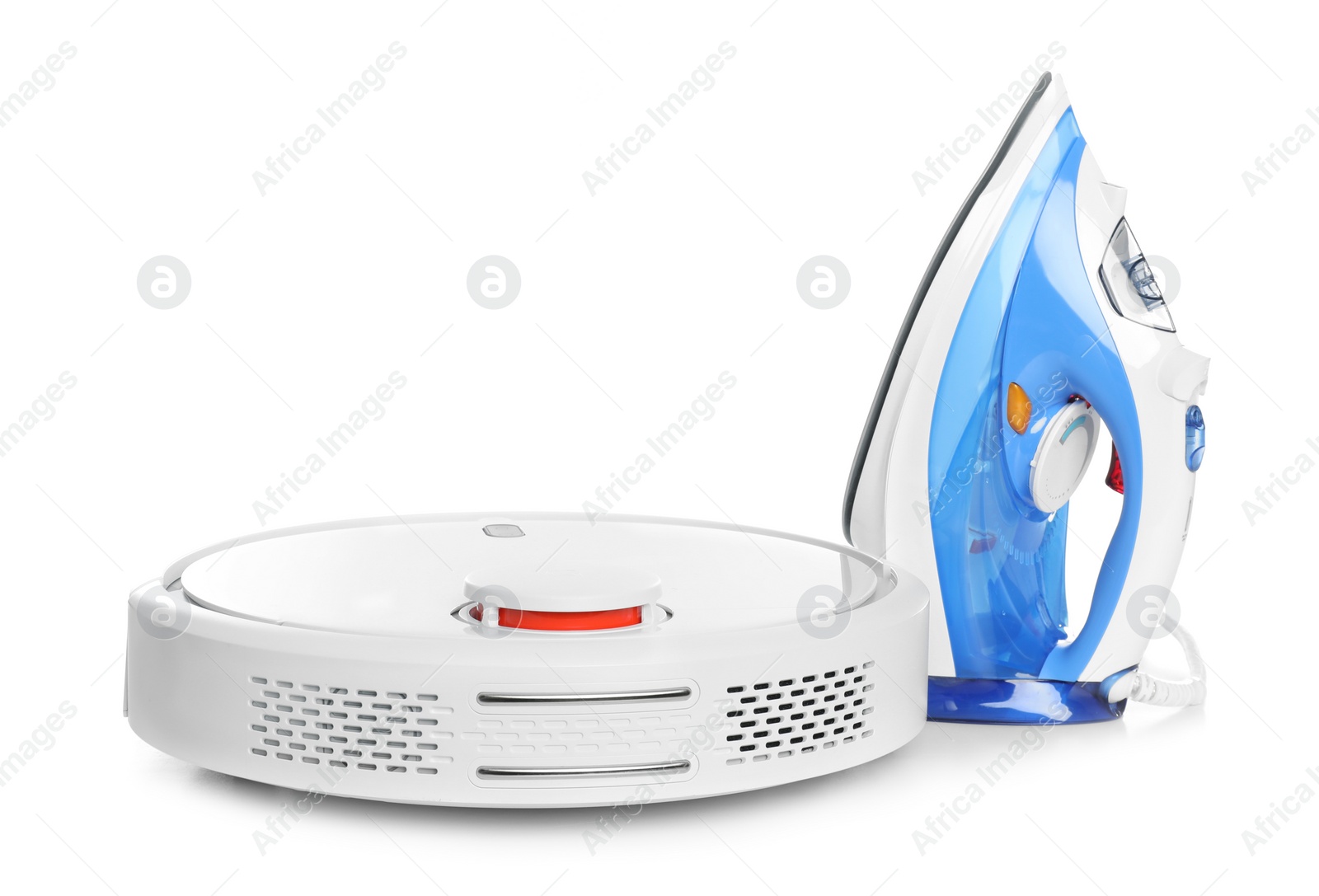 Photo of Robotic vacuum cleaner and iron isolated on white. Home appliances