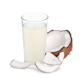 Photo of Glass of coconut water and nuts isolated on white