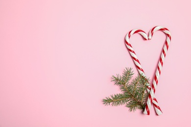 Photo of Heart shape made of tasty candy canes and fir tree twig on color background, top view. Space for text