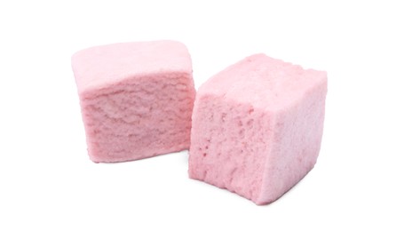 Photo of Delicious sweet puffy marshmallows on white background