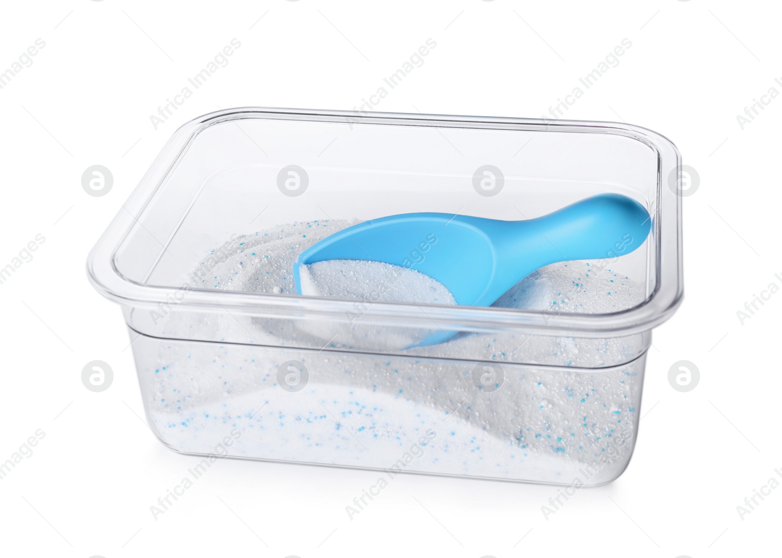 Photo of Plastic container with laundry powder and measuring scoop isolated on white