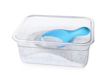 Plastic container with laundry powder and measuring scoop isolated on white