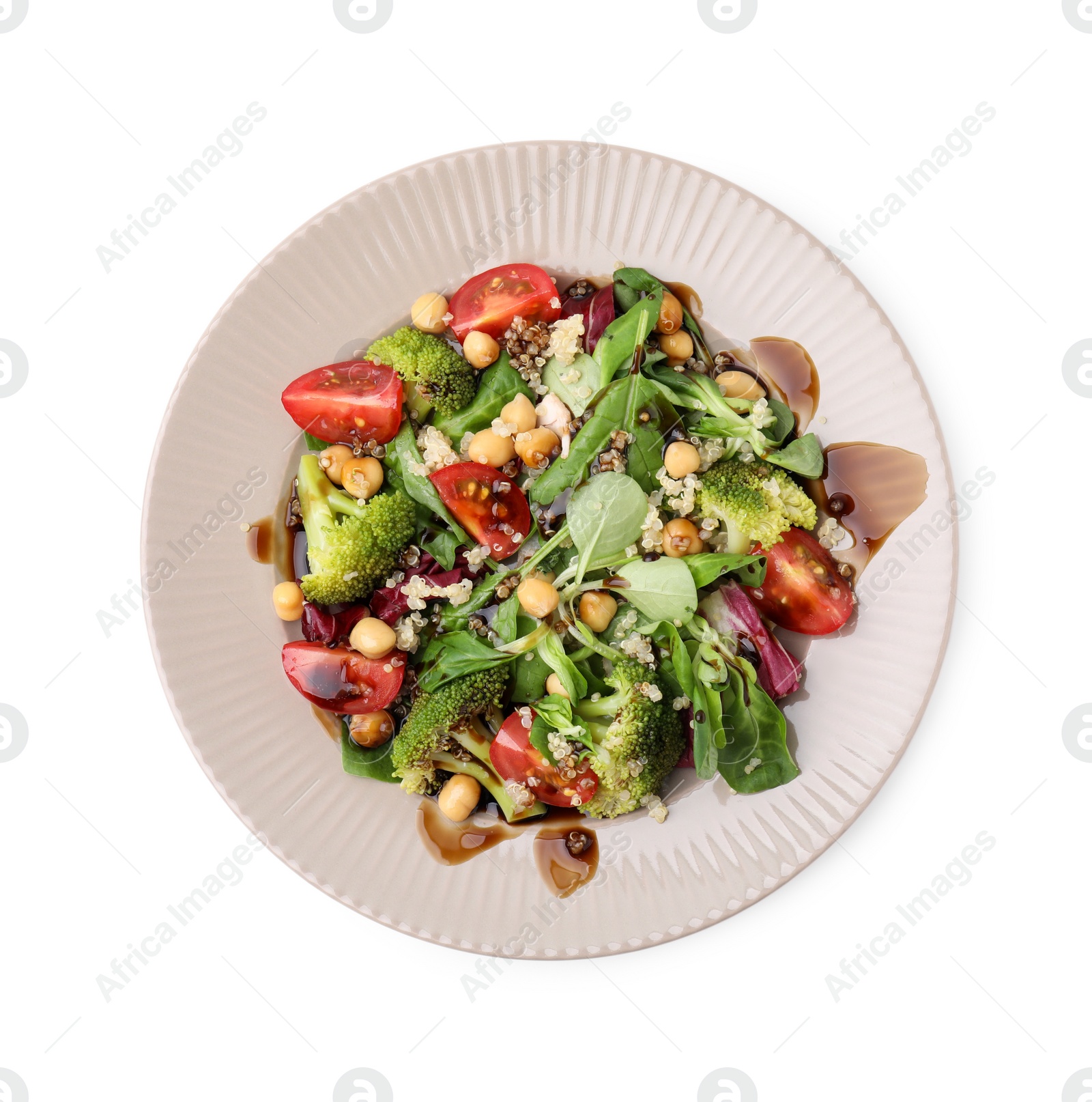 Photo of Tasty salad with balsamic vinegar isolated on white, top view