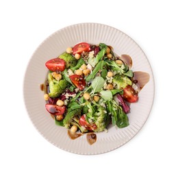 Tasty salad with balsamic vinegar isolated on white, top view