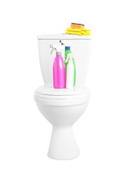 Photo of Toilet bowl and cleaning supplies on white background