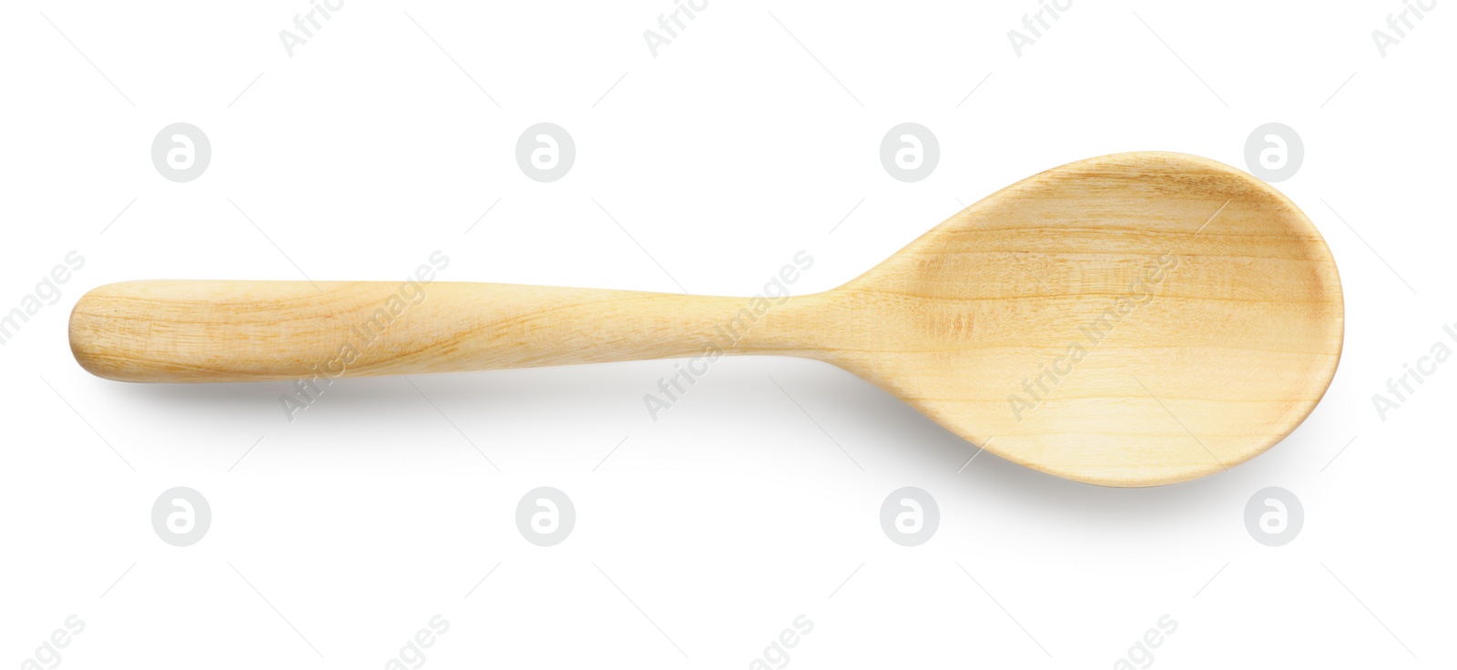 Photo of One empty wooden spoon isolated on white, top view