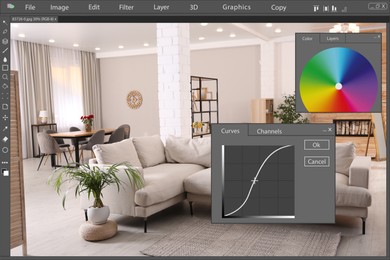 Image of Professional photo editor application.  modern living room interior
