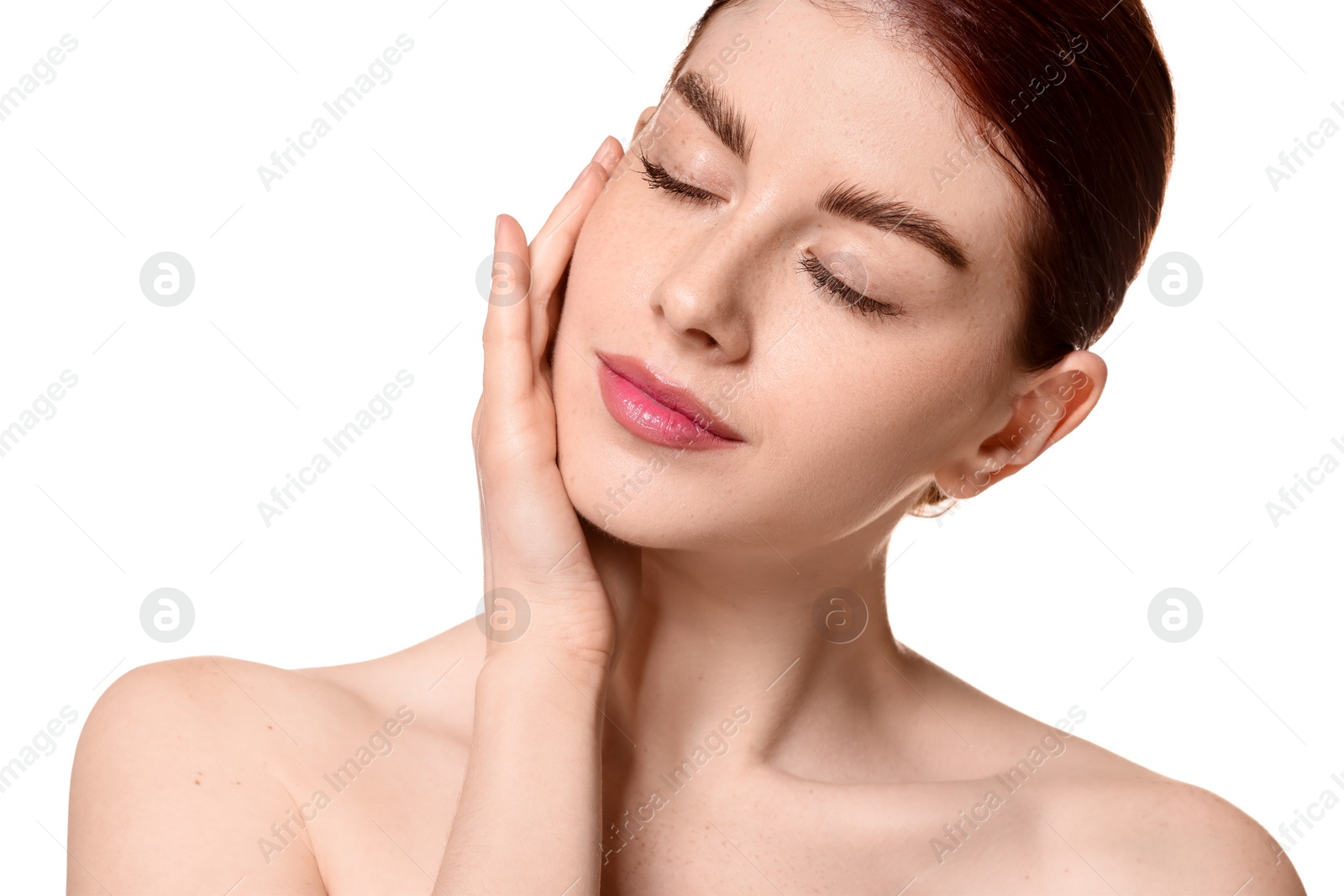 Photo of Portrait of beautiful woman on white background