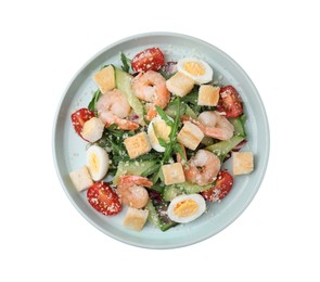 Photo of Plate of delicious Caesar salad with shrimps isolated on white, top view