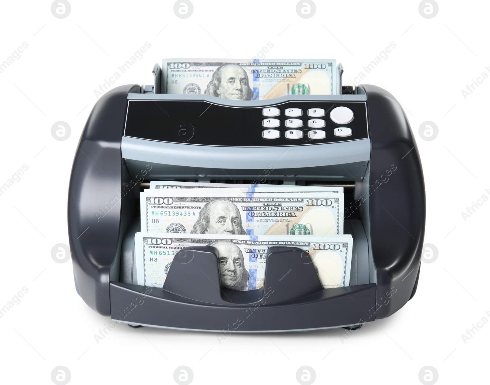 Photo of Modern electronic bill counter with money isolated on white